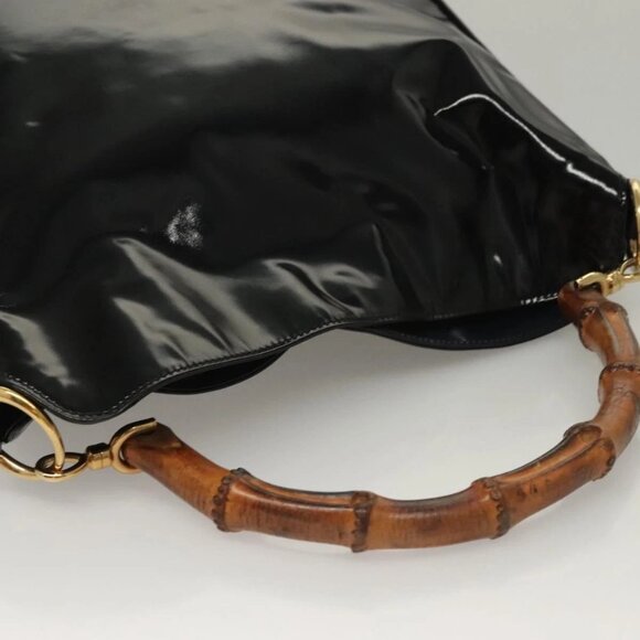 GUCCI Bamboo Hand Bag Enamel 2way Black Gold - Picture 4 of 16